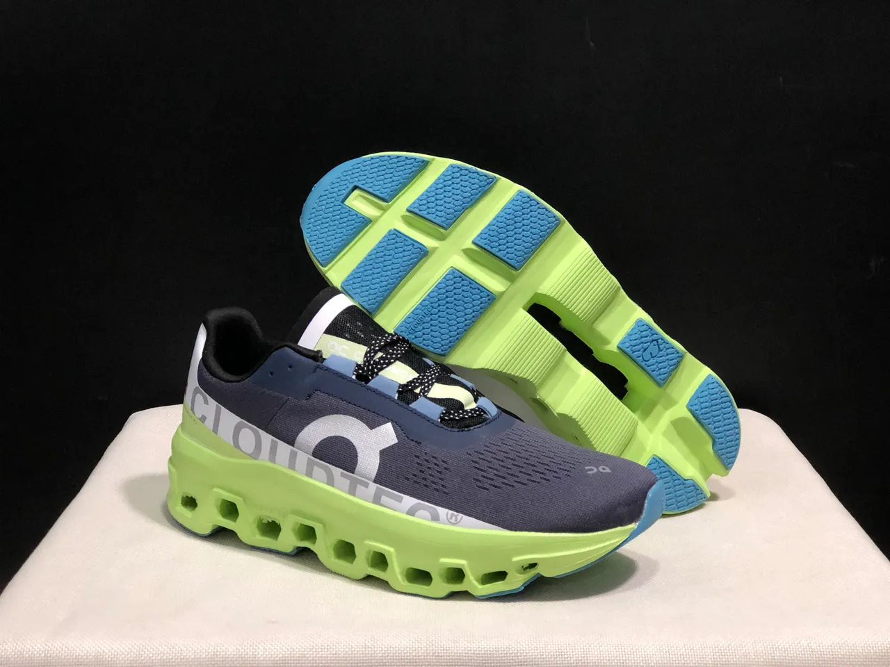 On Cloudmonster Navy Lime Green Running Shoes 2