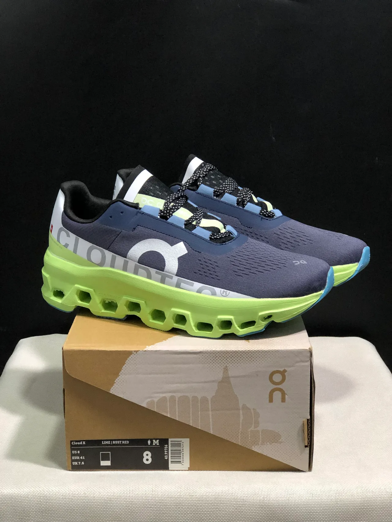 On Cloudmonster Navy Lime Green Running Shoes 6