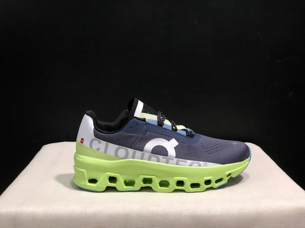 On Cloudmonster Navy Lime Green Running Shoes 8