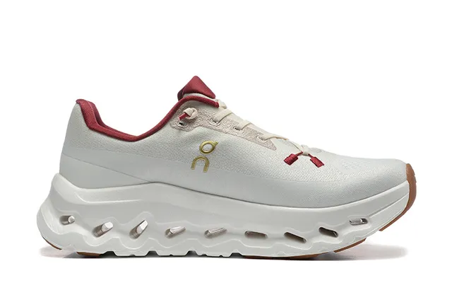 On Cloudmonster Off-White and Red Running Shoes 4