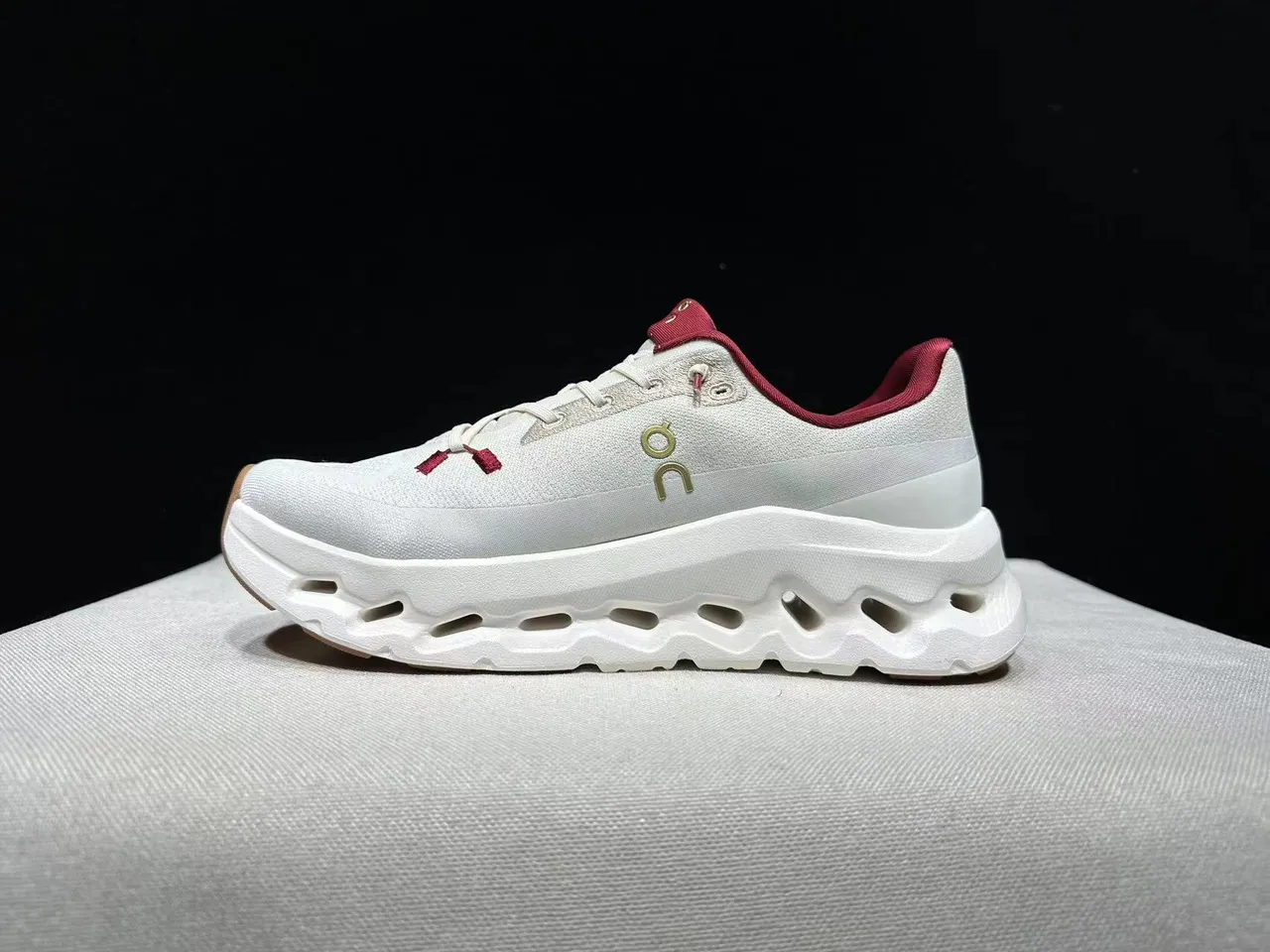 On Cloudmonster Off-White and Red Running Shoes 9