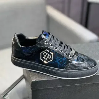 Philipp Plein Black Blue Glossy Snakeskin-Textured Upper Iridescent Floral Print Lifestyle Sneakers