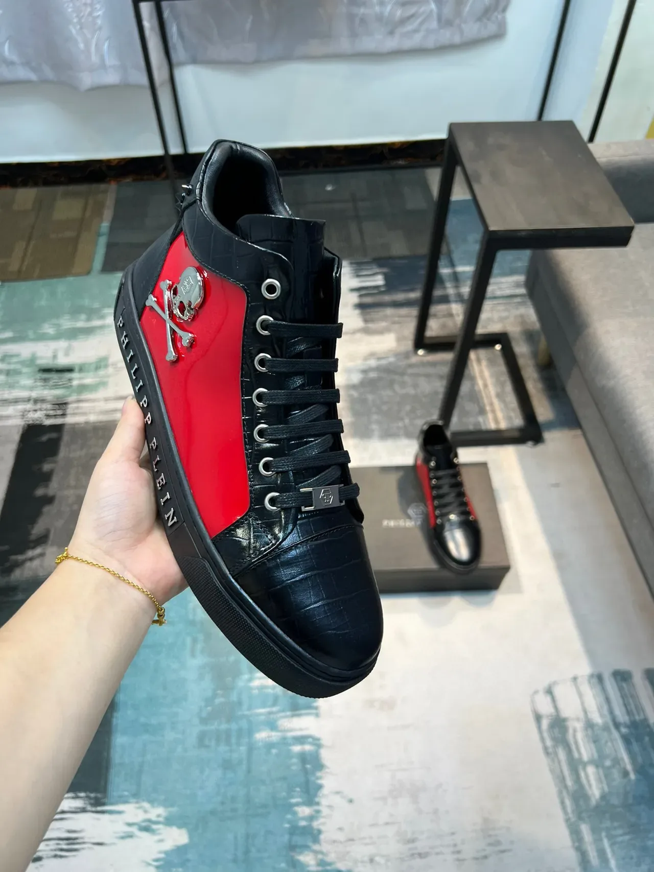 Philipp Plein Black Red High-Top Crocodile-Embossed Leather Lifestyle Sneakers 5