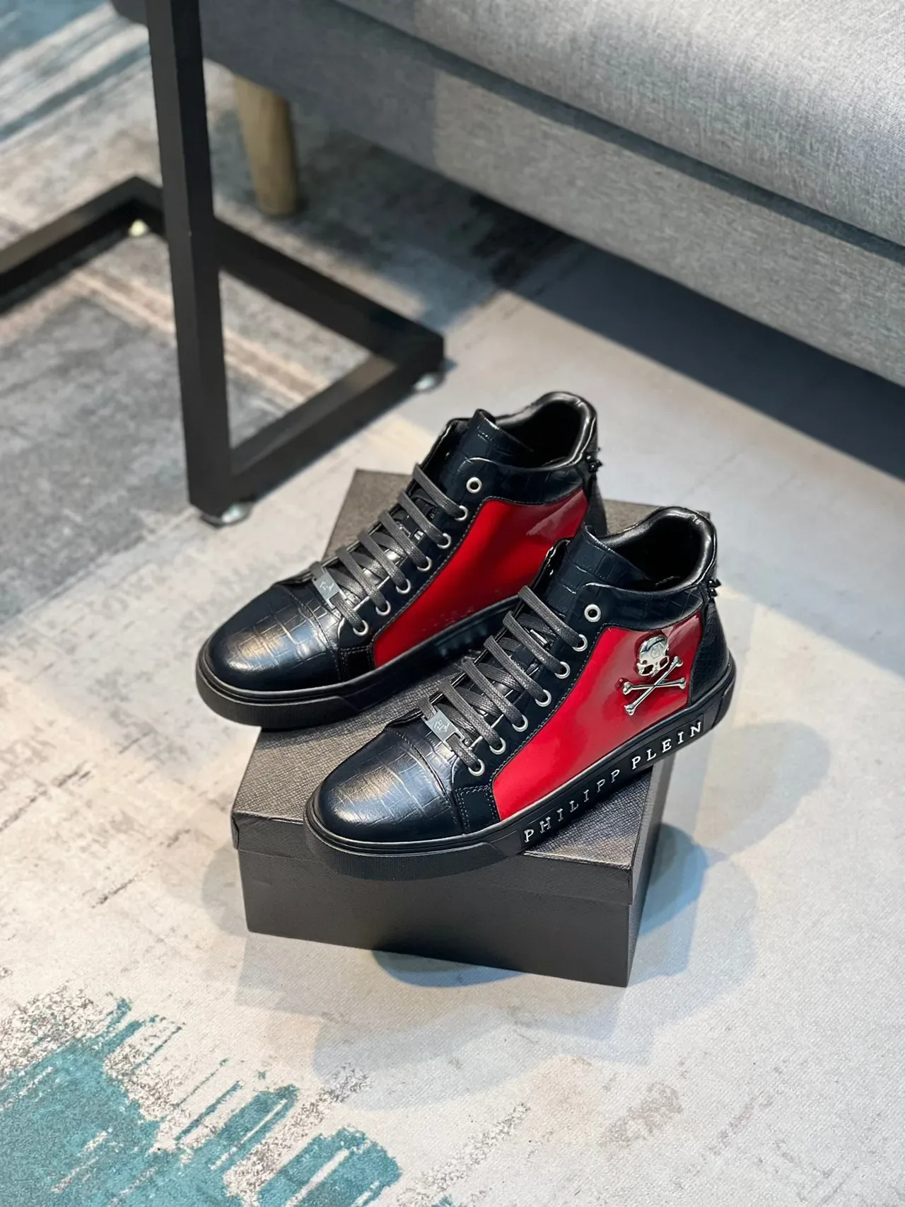 Philipp Plein Black Red High-Top Crocodile-Embossed Leather Lifestyle Sneakers 8