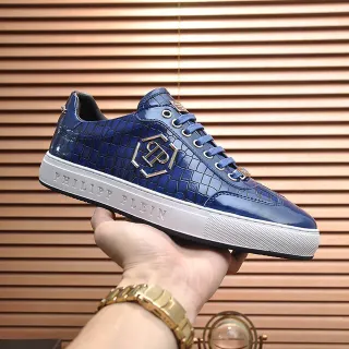Philipp Plein 蓝色白色光泽鳄鱼压纹皮革金色单调标志生活方式运动鞋