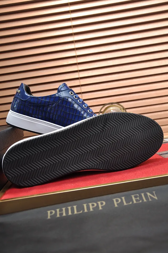 Philipp Plein Sneakers Lifestyle en cuir embossé croc blanc et bleu brillant avec logo monogramme en ton doré 4