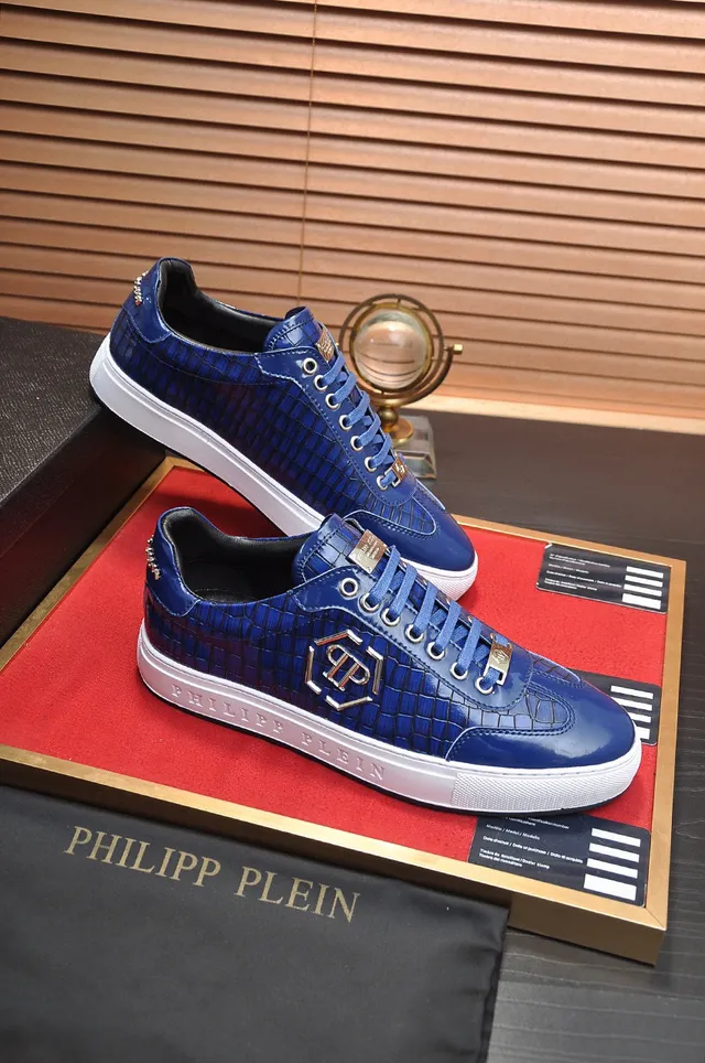 Philipp Plein Sneakers Lifestyle en cuir embossé croc blanc et bleu brillant avec logo monogramme en ton doré 5