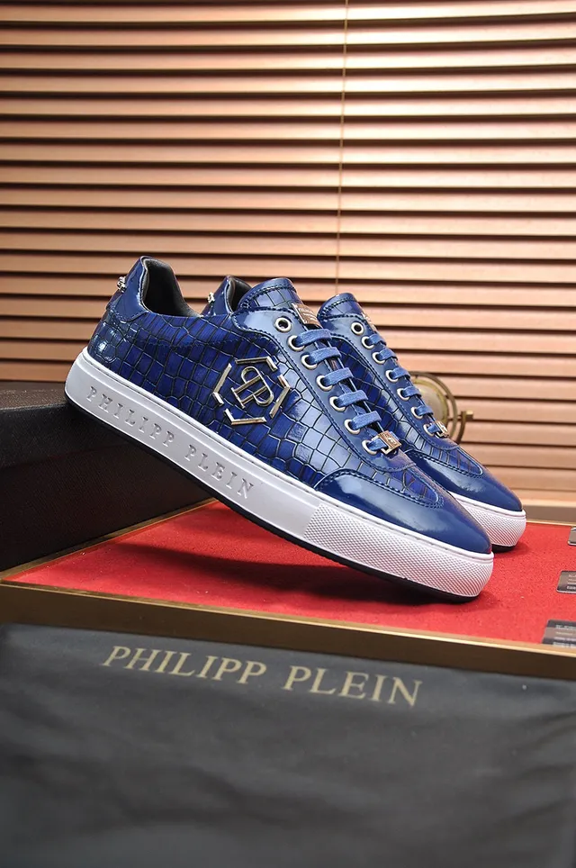 Philipp Plein Sneakers Lifestyle en cuir embossé croc blanc et bleu brillant avec logo monogramme en ton doré 8