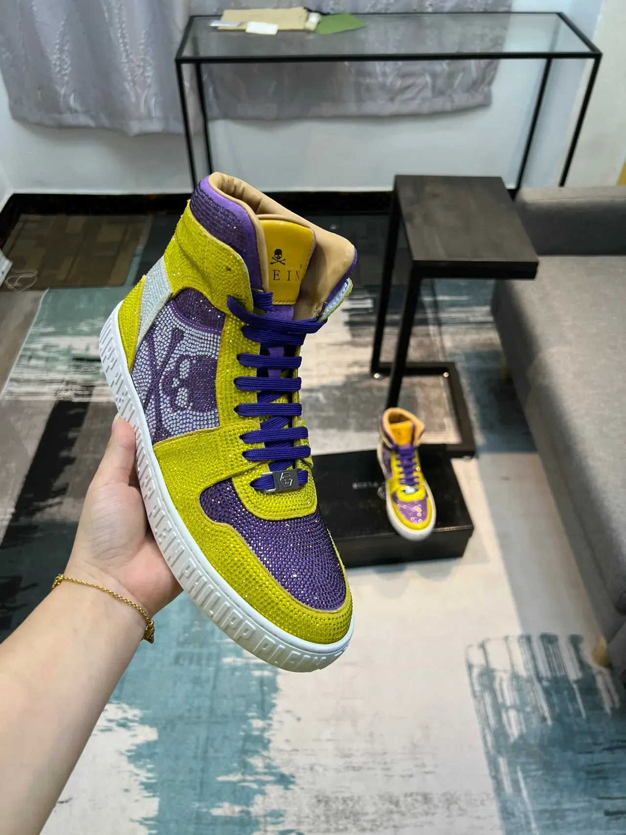 Philipp Plein High-Top Crystal-Embellished Yellow Purple Lifestyle Sneakers 6