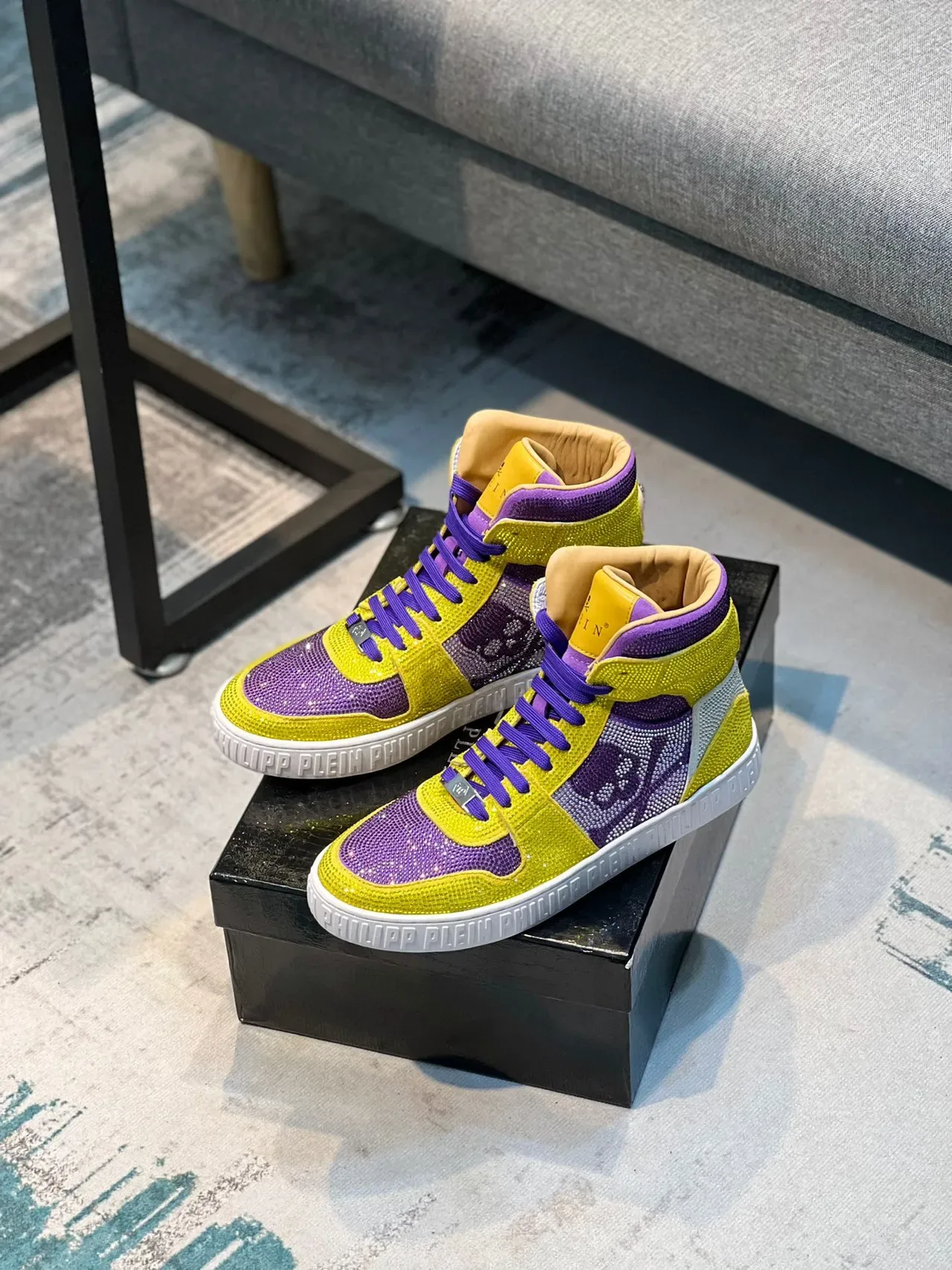 Philipp Plein High-Top Crystal-Embellished Yellow Purple Lifestyle Sneakers 8