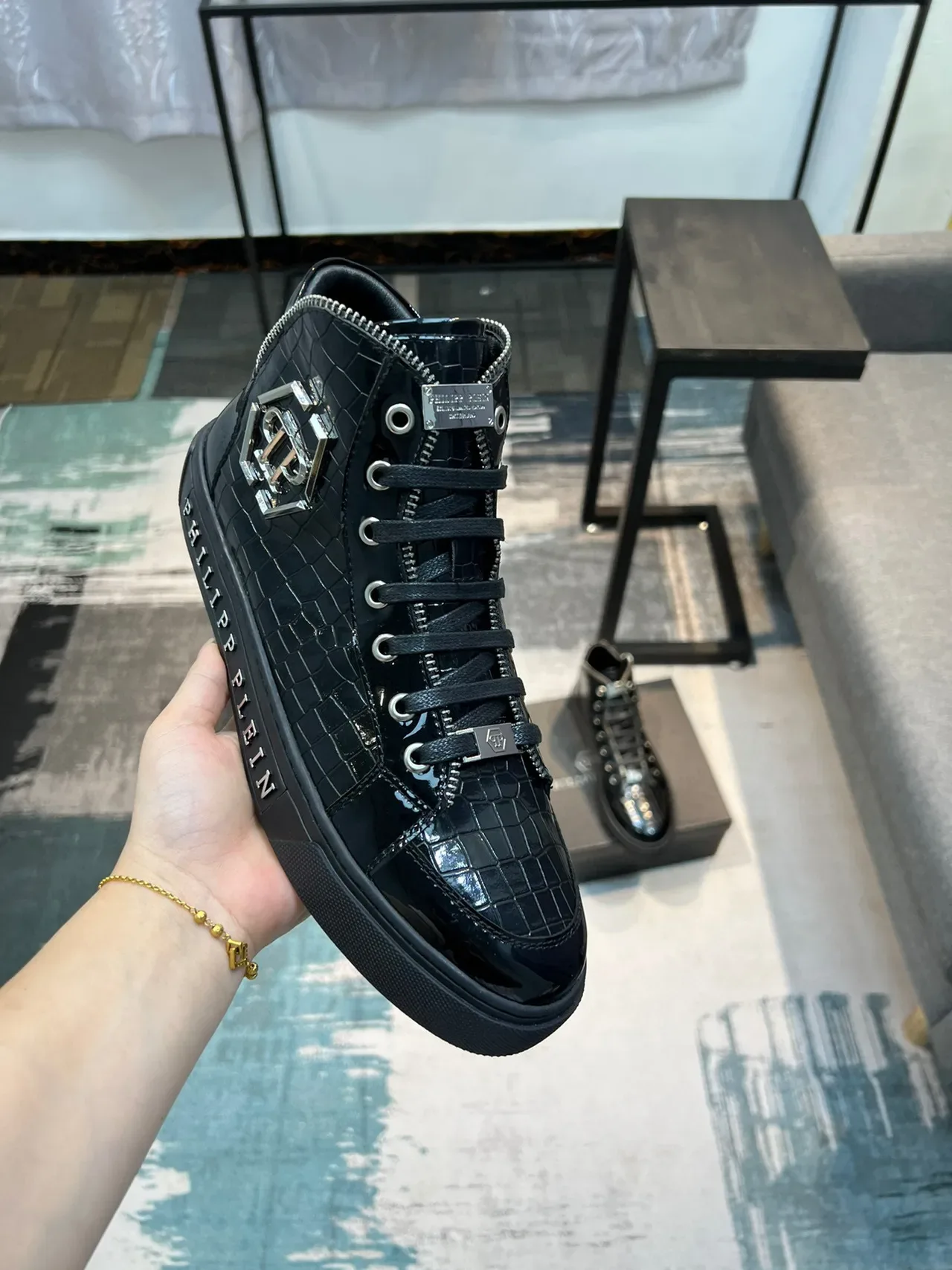 Philipp Plein أحذية رياضية lifestyle عالية الارتفاع لامعة بتصميم تمساح أسود 6