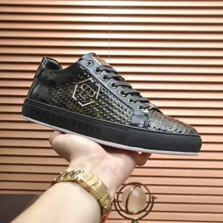 Philipp Plein Lifestyle Sneaker Black Gold Glossy Patent Leather Snakeskin-Textured Overlay Lifestyle Sneakers