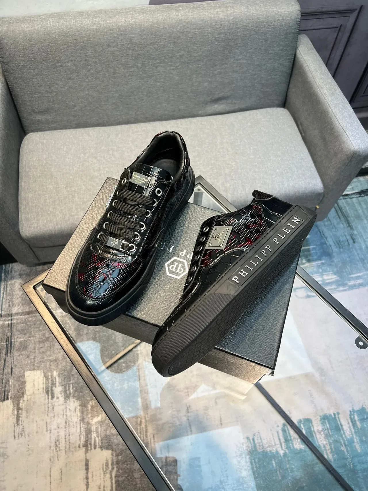 Philipp Plein Sport Tênis Lifestyle Pretos Multicolor de Couro Patentado Brilhante com Textura Embossada de Crocodilo 3