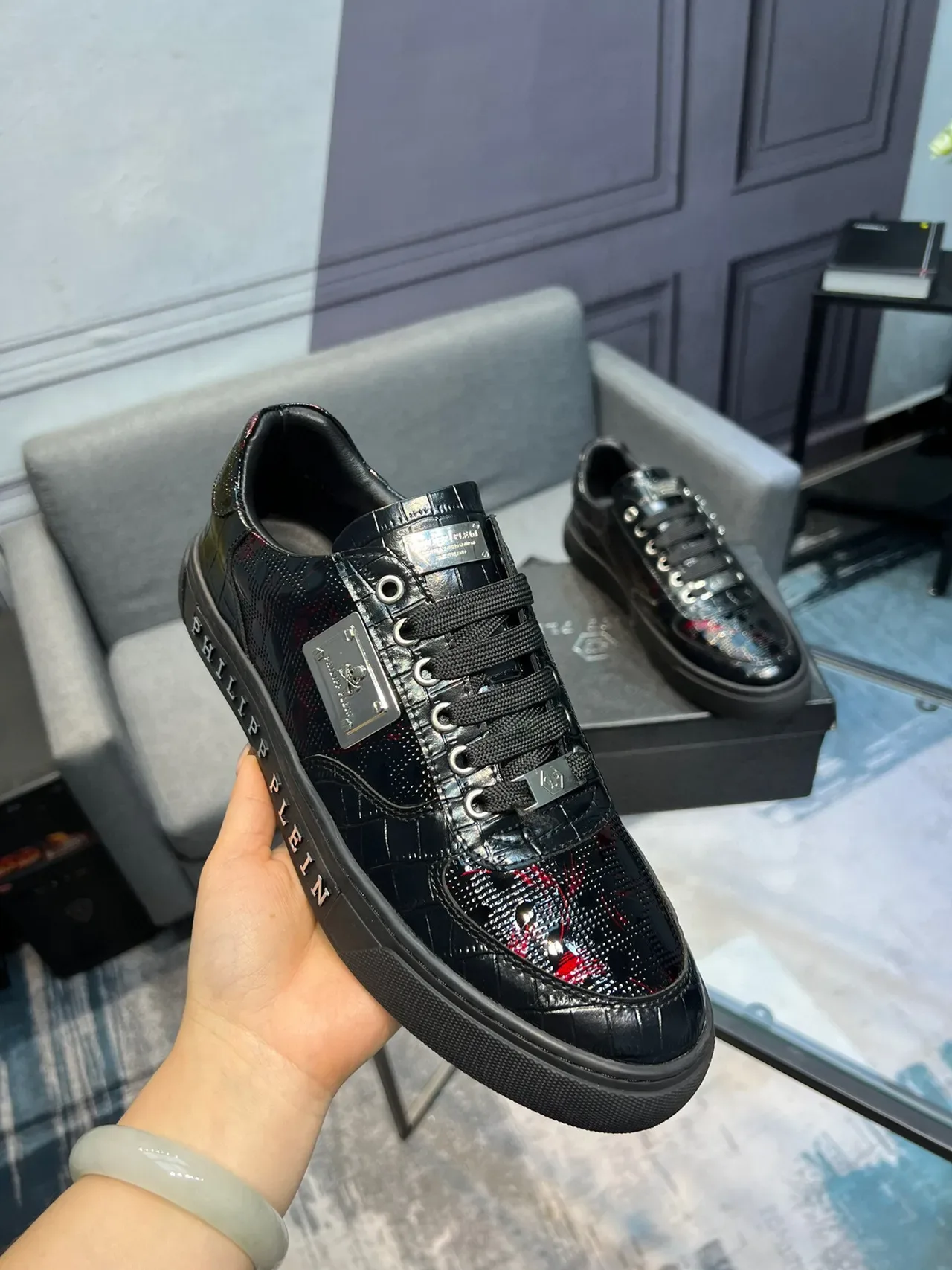 Philipp Plein Sport Tênis Lifestyle Pretos Multicolor de Couro Patentado Brilhante com Textura Embossada de Crocodilo 5