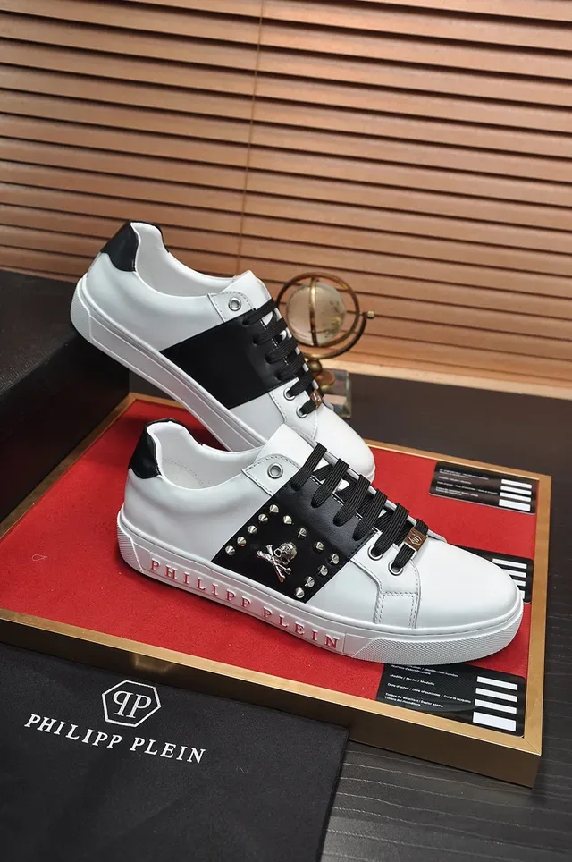 Philipp Plein Branco Preto Tachado Painel Metal Emblema Caveira e Ossos Cruzados Estilo de Vida Tênis 5