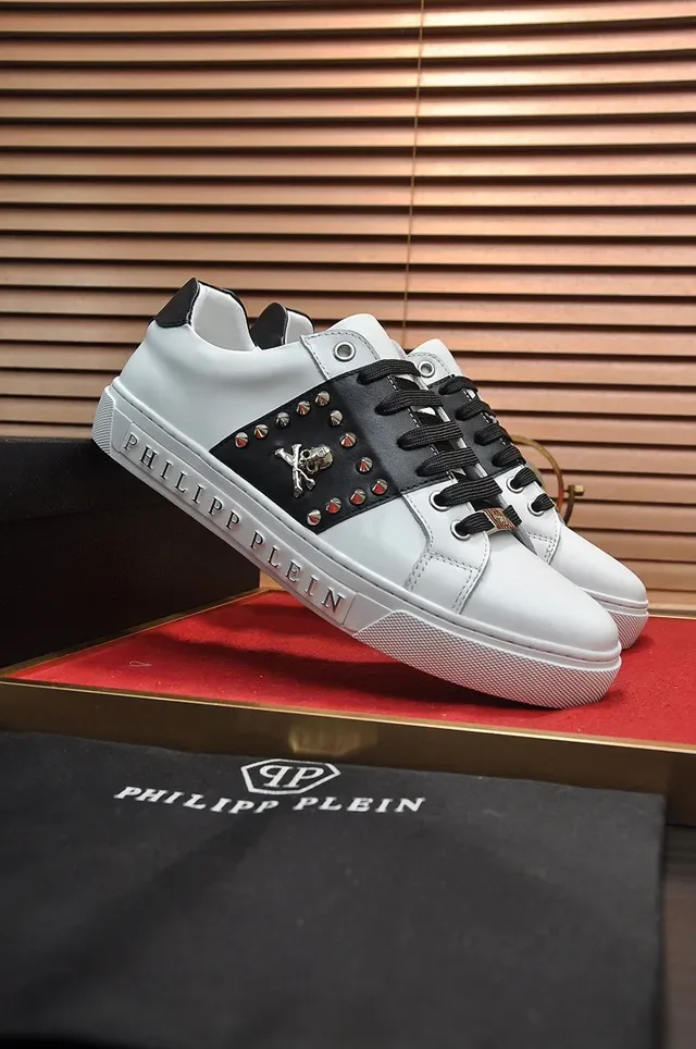 Philipp Plein Branco Preto Tachado Painel Metal Emblema Caveira e Ossos Cruzados Estilo de Vida Tênis 8