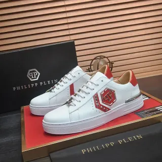 Philipp Plein White Red Leather Upper Hexagonal Logo Plaque Lifestyle Sneakers