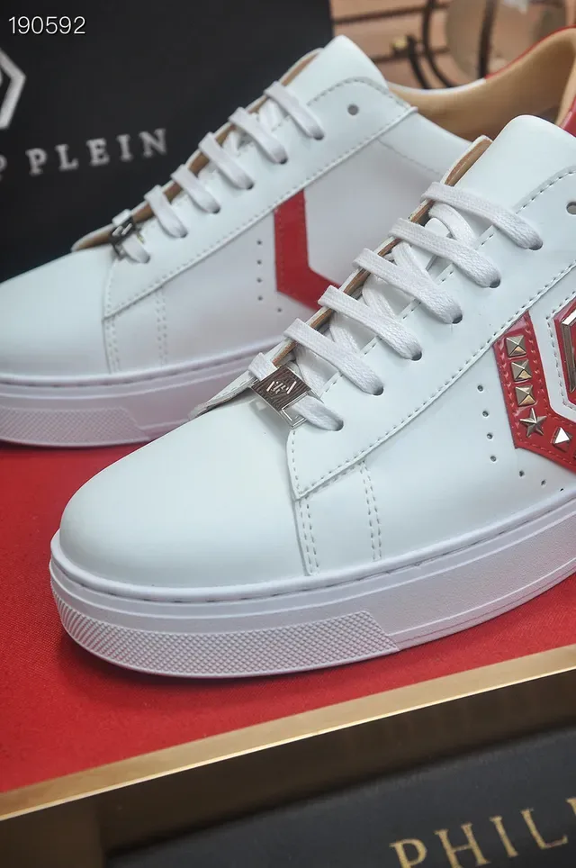 Philipp Plein حذاء أسلوب حياة أبيض وأحمر جلد علوي لوحة شعار سداسي الشكل 4