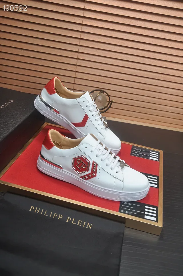 Philipp Plein حذاء أسلوب حياة أبيض وأحمر جلد علوي لوحة شعار سداسي الشكل 6