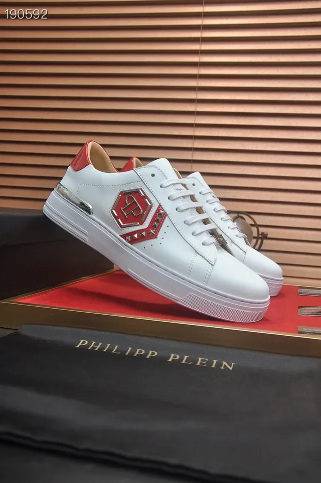 Philipp Plein حذاء أسلوب حياة أبيض وأحمر جلد علوي لوحة شعار سداسي الشكل 7