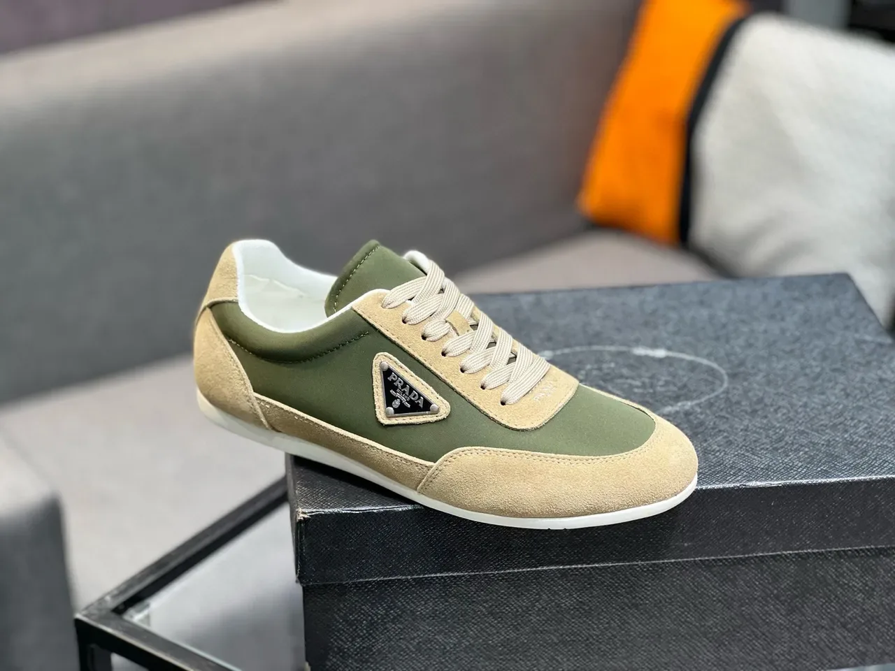 Prada Army Green Beige Low-Top Mixed-Material Lifestyle Sneakers 4