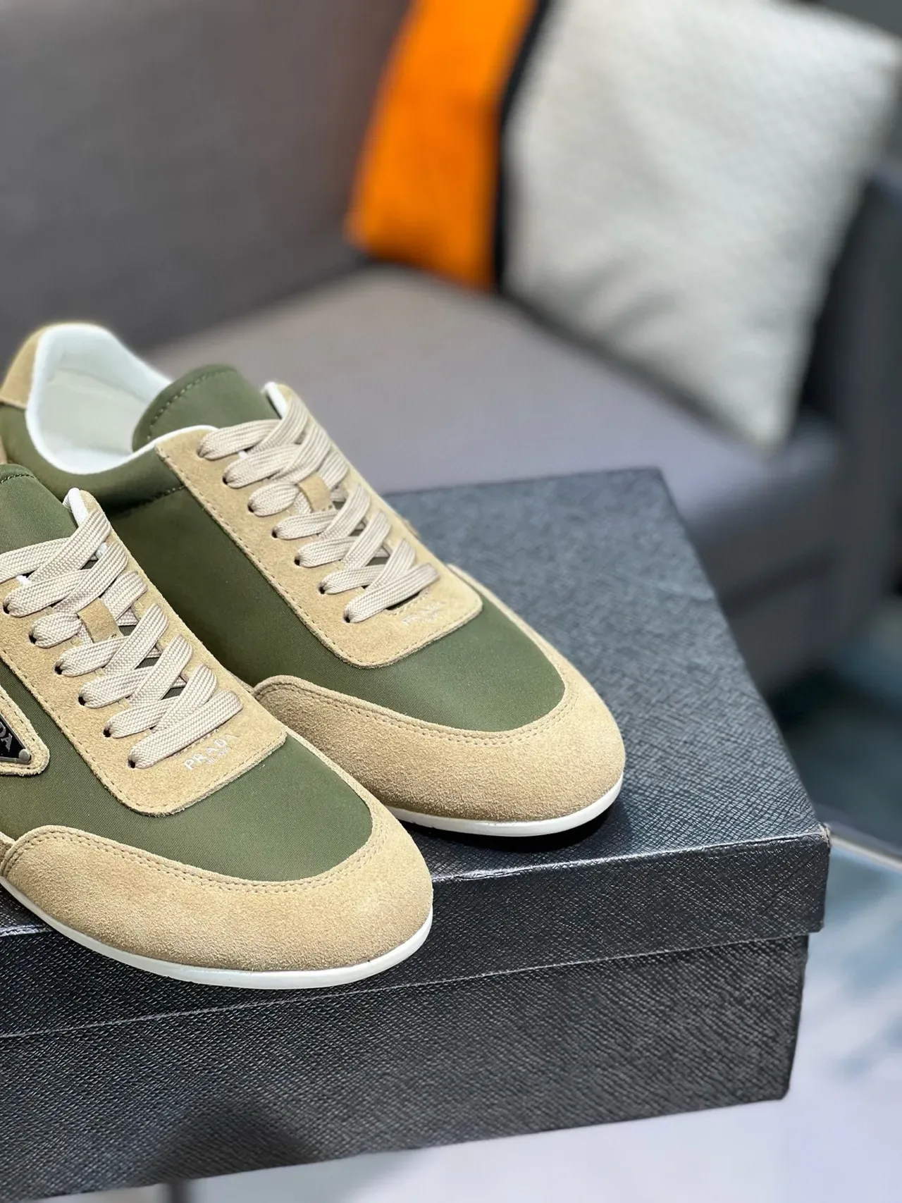 Prada Army Green Beige Low-Top Mixed-Material Lifestyle Sneakers 5
