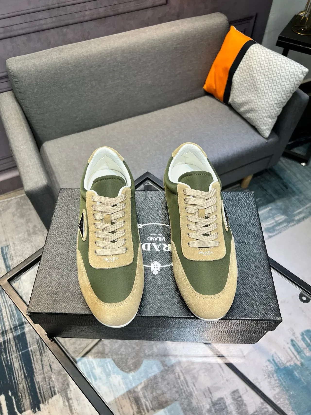 Prada Army Green Beige Low-Top Mixed-Material Lifestyle Sneakers 6