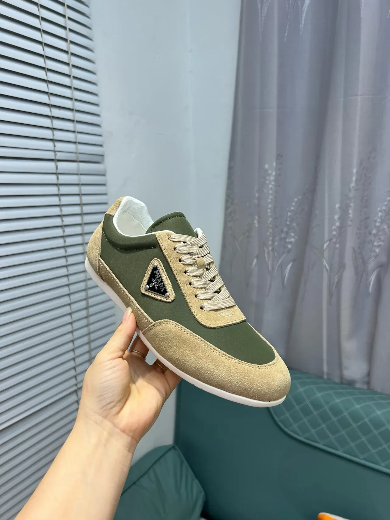Prada Army Green Beige Low-Top Mixed-Material Lifestyle Sneakers 7
