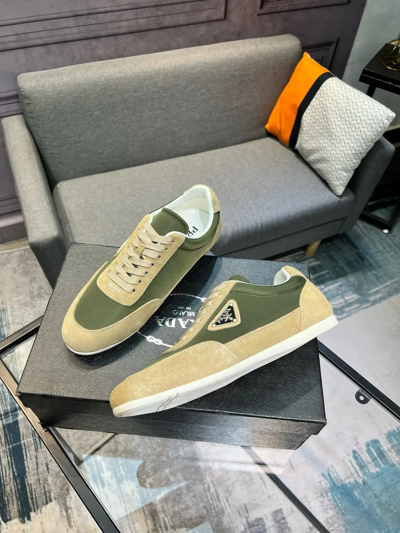 Prada Army Green Beige Low-Top Mixed-Material Lifestyle Sneakers 9