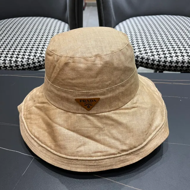 Prada Beige Linen-Textured Wide-Brim Bucket Hat 3