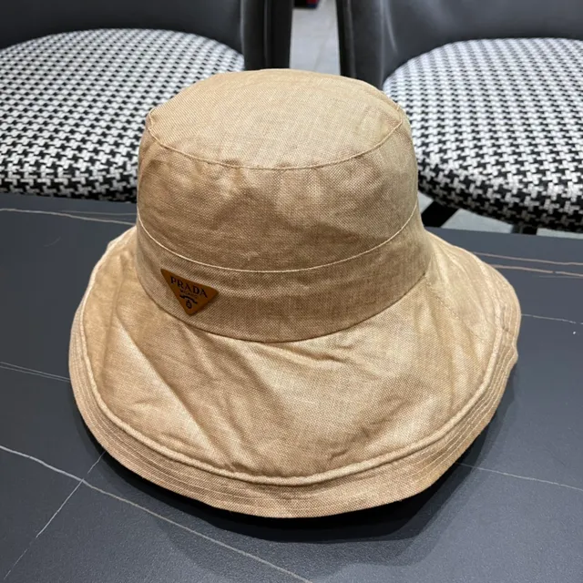 Prada Beige Linen-Textured Wide-Brim Bucket Hat 4