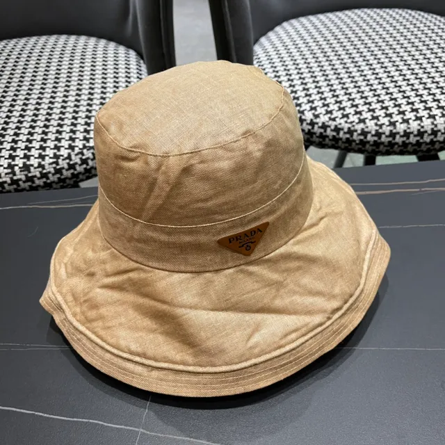 Prada Beige Linen-Textured Wide-Brim Bucket Hat 5