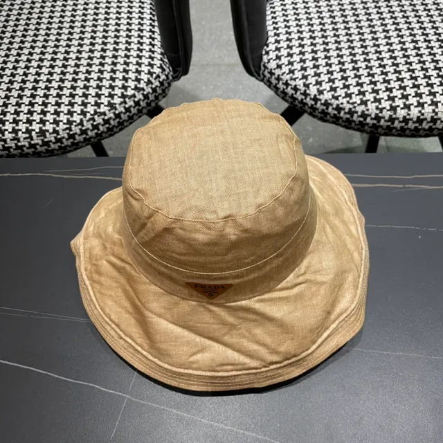 Prada Beige Linen-Textured Wide-Brim Bucket Hat 6