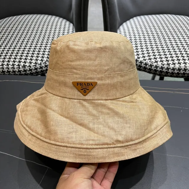 Prada Beige Linen-Textured Wide-Brim Bucket Hat 8