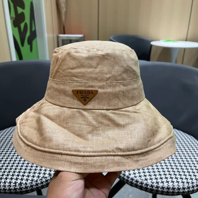 Prada Beige Linen-Textured Wide-Brim Bucket Hat 9