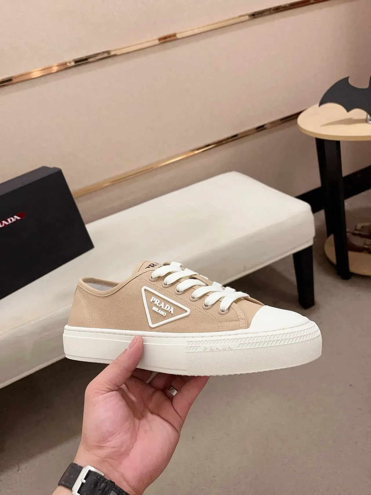 Prada Beige White Canvas Upper Rubber Sole Lifestyle Sneakers 4