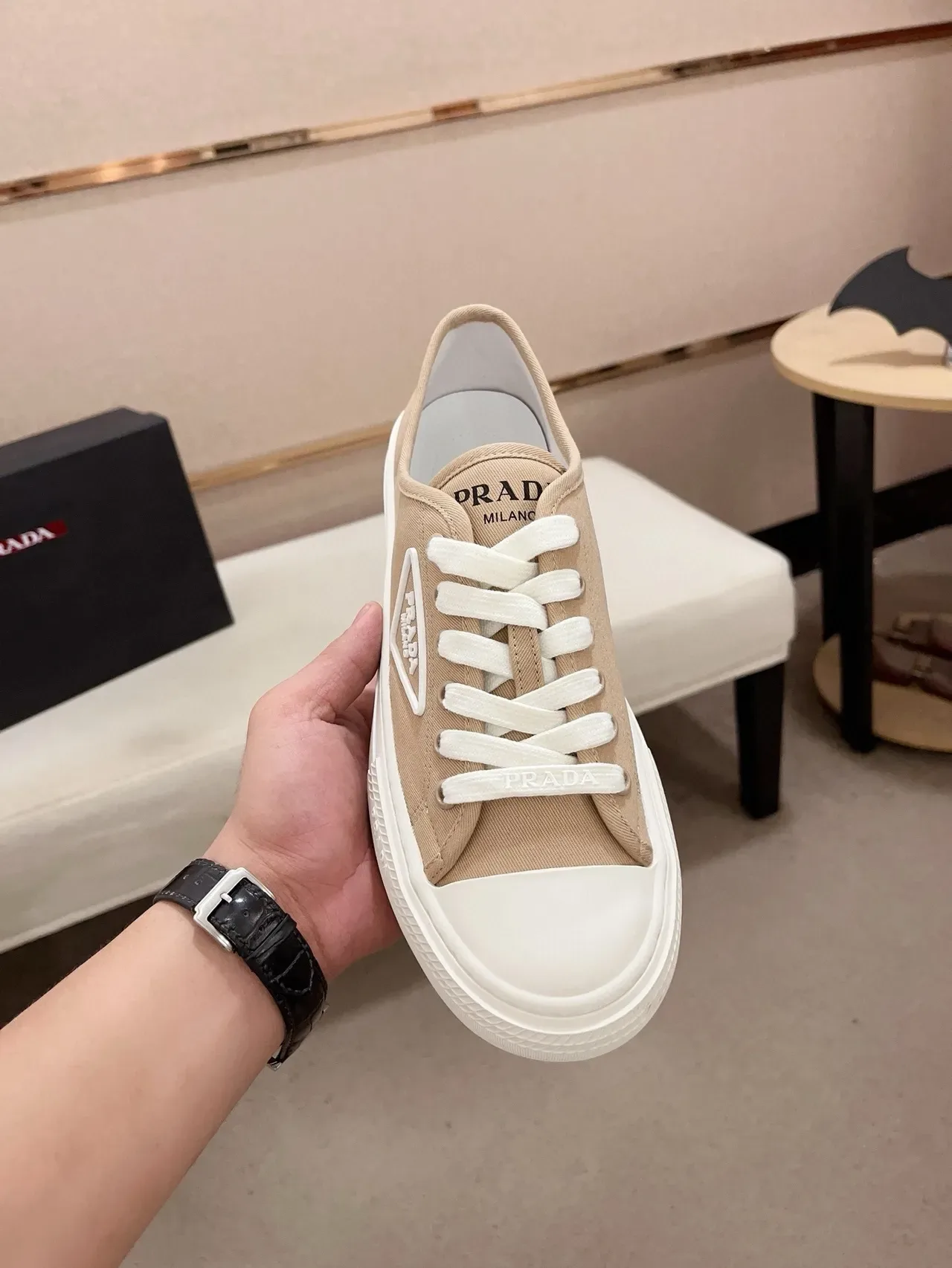 Prada Beige White Canvas Upper Rubber Sole Lifestyle Sneakers 5