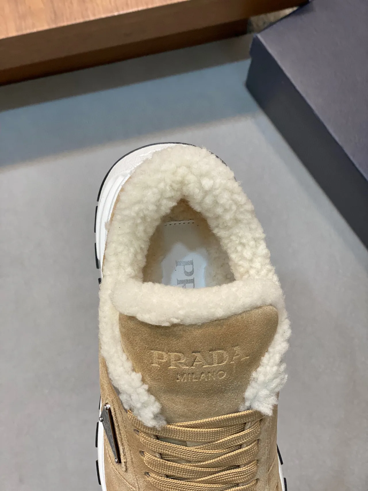 Prada Beige White Suede Upper Shearling-Lined Collar Lifestyle Sneakers 4