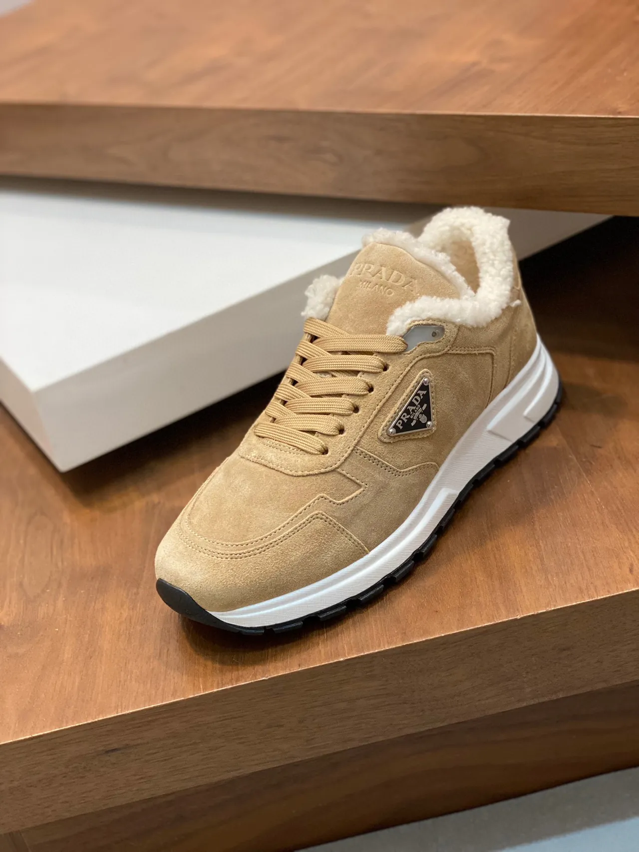 Prada Beige White Suede Upper Shearling-Lined Collar Lifestyle Sneakers 5