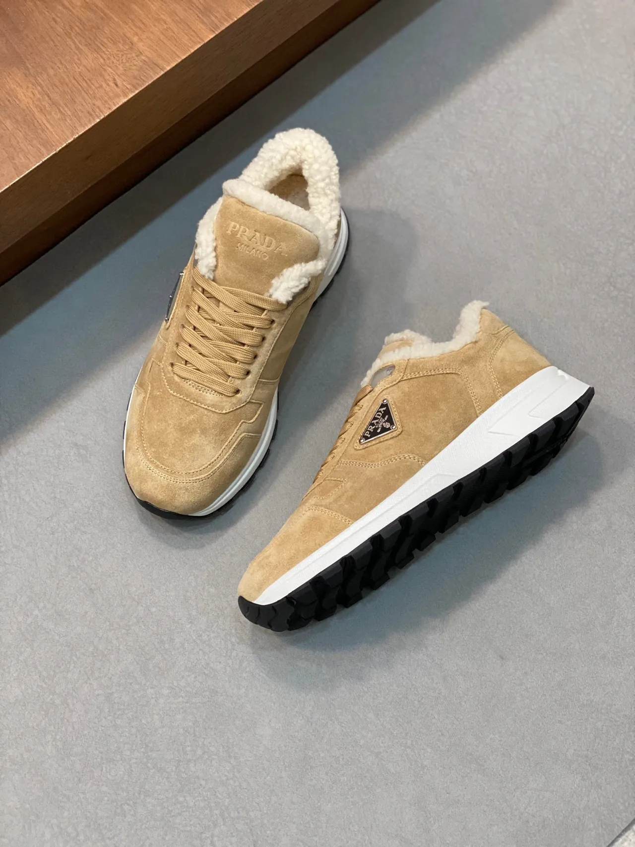 Prada Beige White Suede Upper Shearling-Lined Collar Lifestyle Sneakers 6