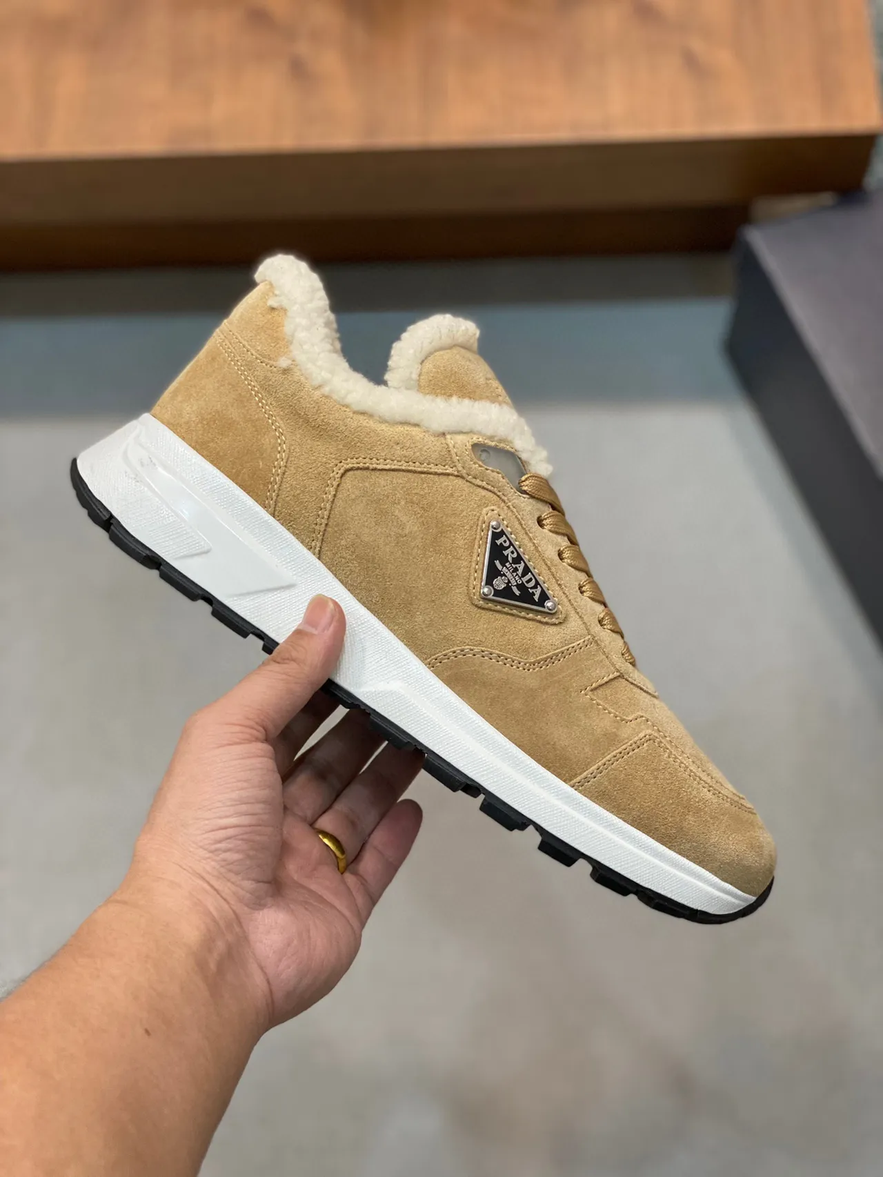 Prada Beige White Suede Upper Shearling-Lined Collar Lifestyle Sneakers 7
