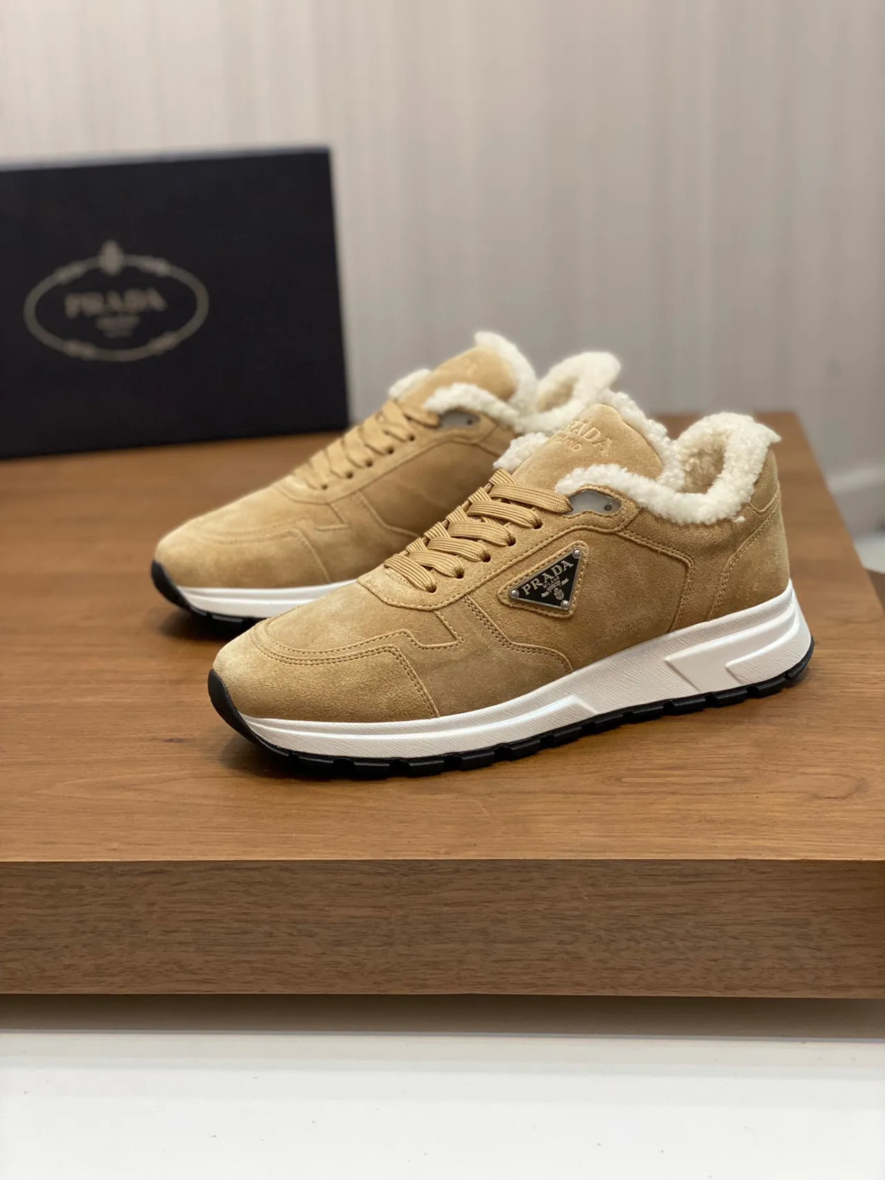 Prada Beige White Suede Upper Shearling-Lined Collar Lifestyle Sneakers 8