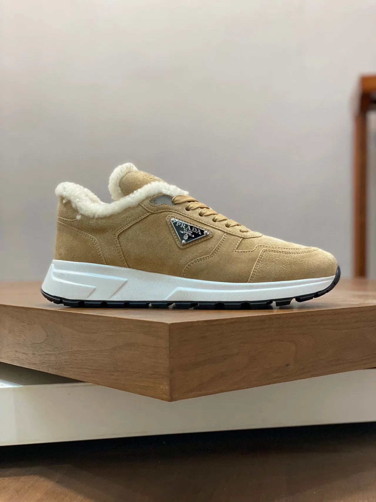 Prada Beige White Suede Upper Shearling-Lined Collar Lifestyle Sneakers 9