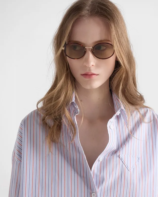 Prada Black Beige Oval Frame Thin Metal Construction Sunglasses 6