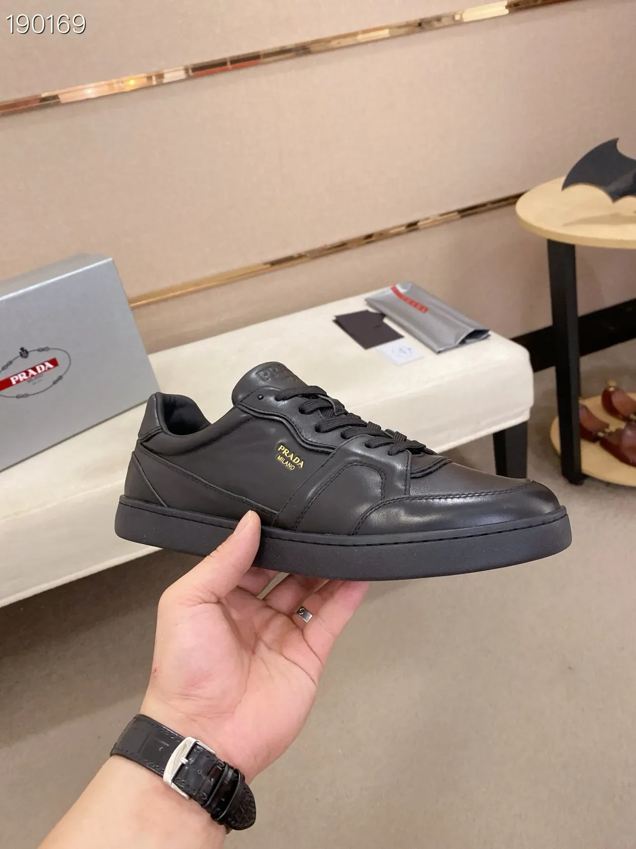 Prada Black Gold Leather Paneled Upper Lifestyle Sneakers 8