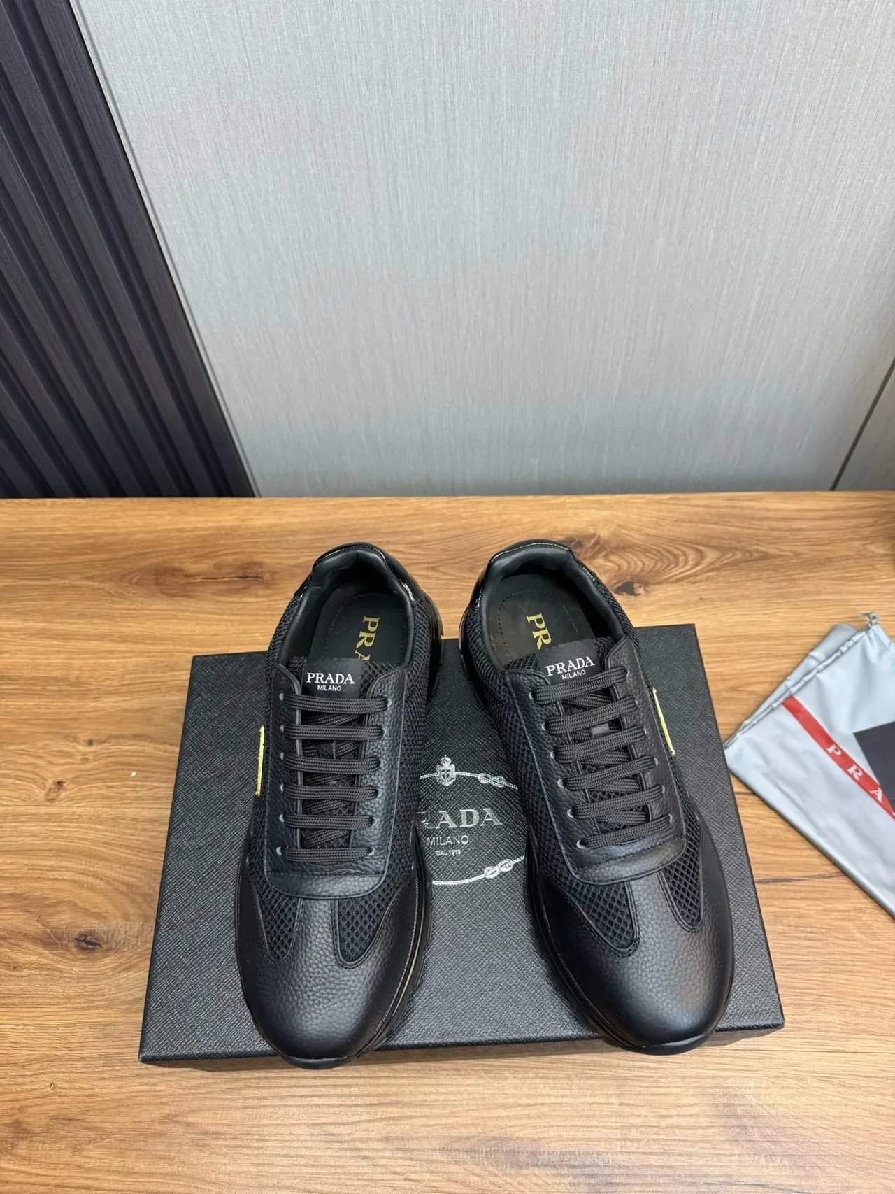 Prada Black Gold Pebbled Leather Toe Perforated Mesh Side Panels Lifestyle Sneakers 2