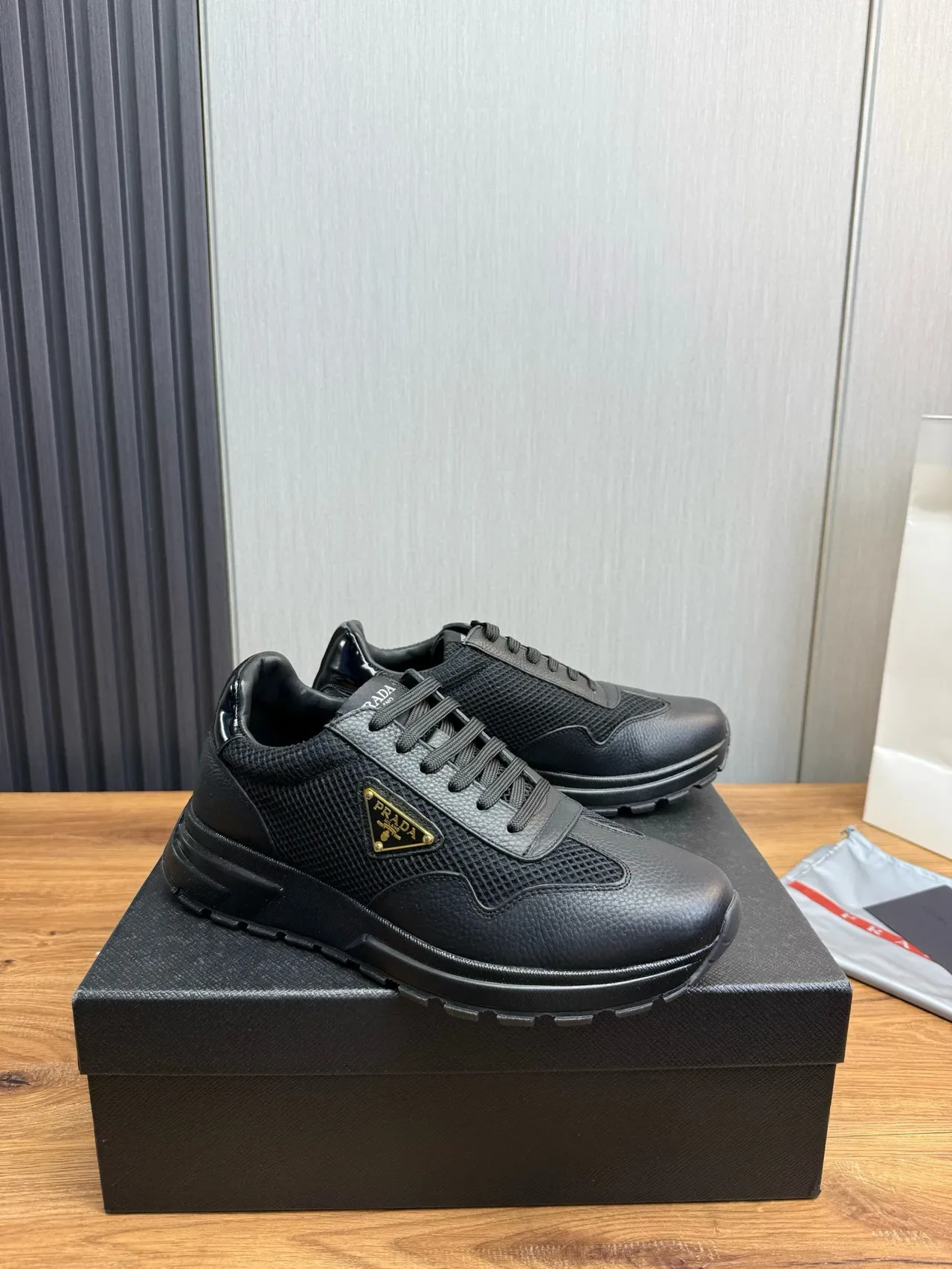 Prada Black Gold Pebbled Leather Toe Perforated Mesh Side Panels Lifestyle Sneakers 3