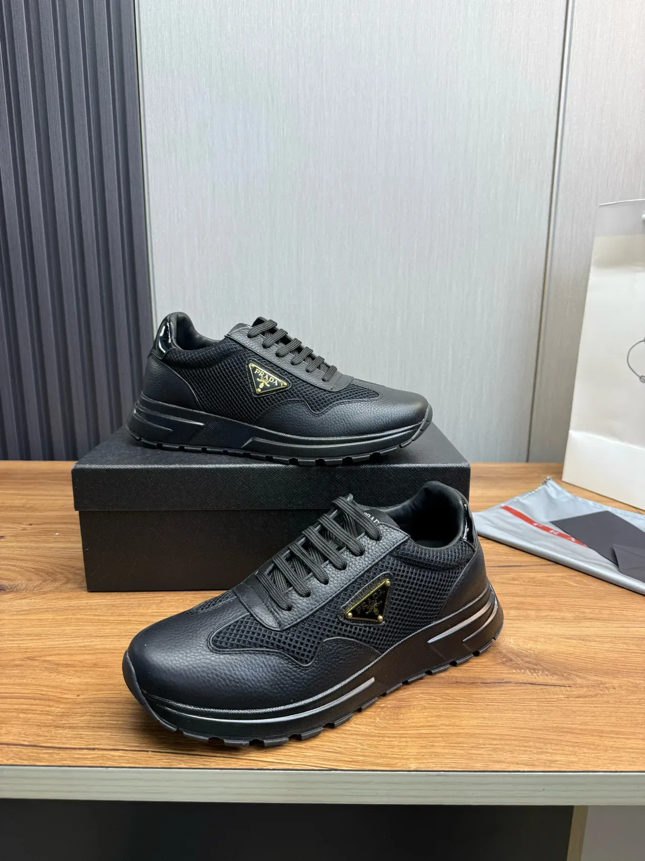 Prada Black Gold Pebbled Leather Toe Perforated Mesh Side Panels Lifestyle Sneakers 4