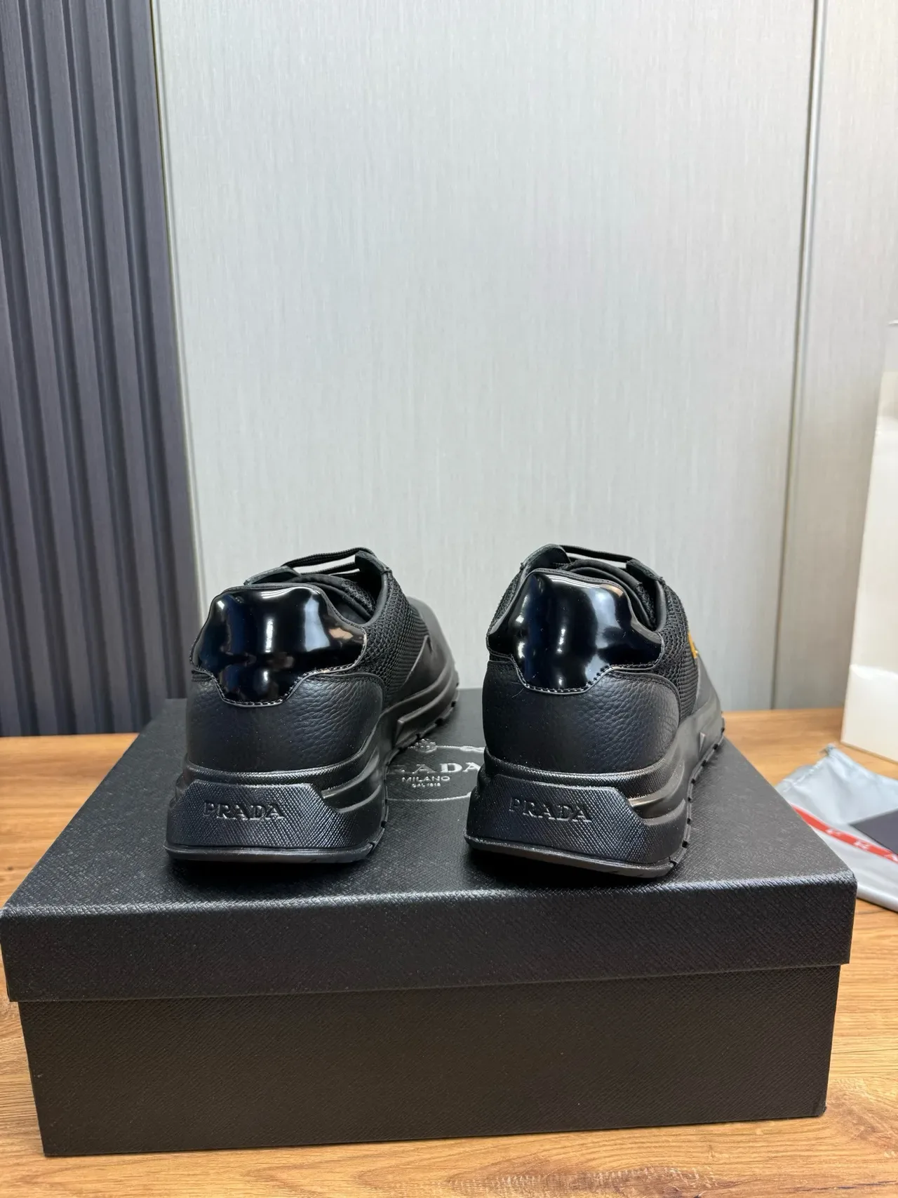 Prada Black Gold Pebbled Leather Toe Perforated Mesh Side Panels Lifestyle Sneakers 5