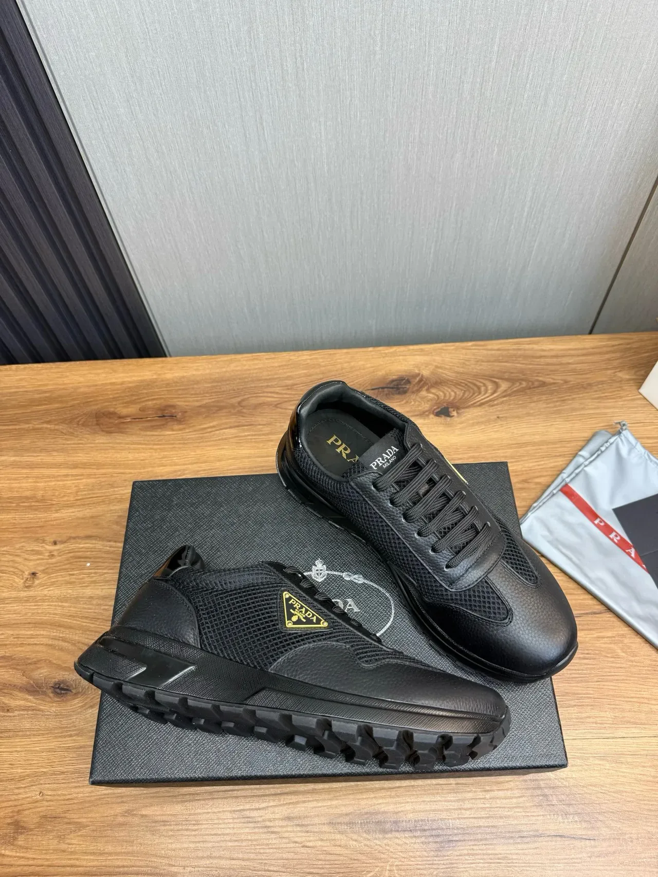Prada Black Gold Pebbled Leather Toe Perforated Mesh Side Panels Lifestyle Sneakers 6